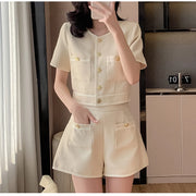 Two 2 Piece Shorts Sets Women Tweed Shorts Suits Office Ladies Single-Breasted Short Sleeve Jacket Coat High Waist Shorts S-XL