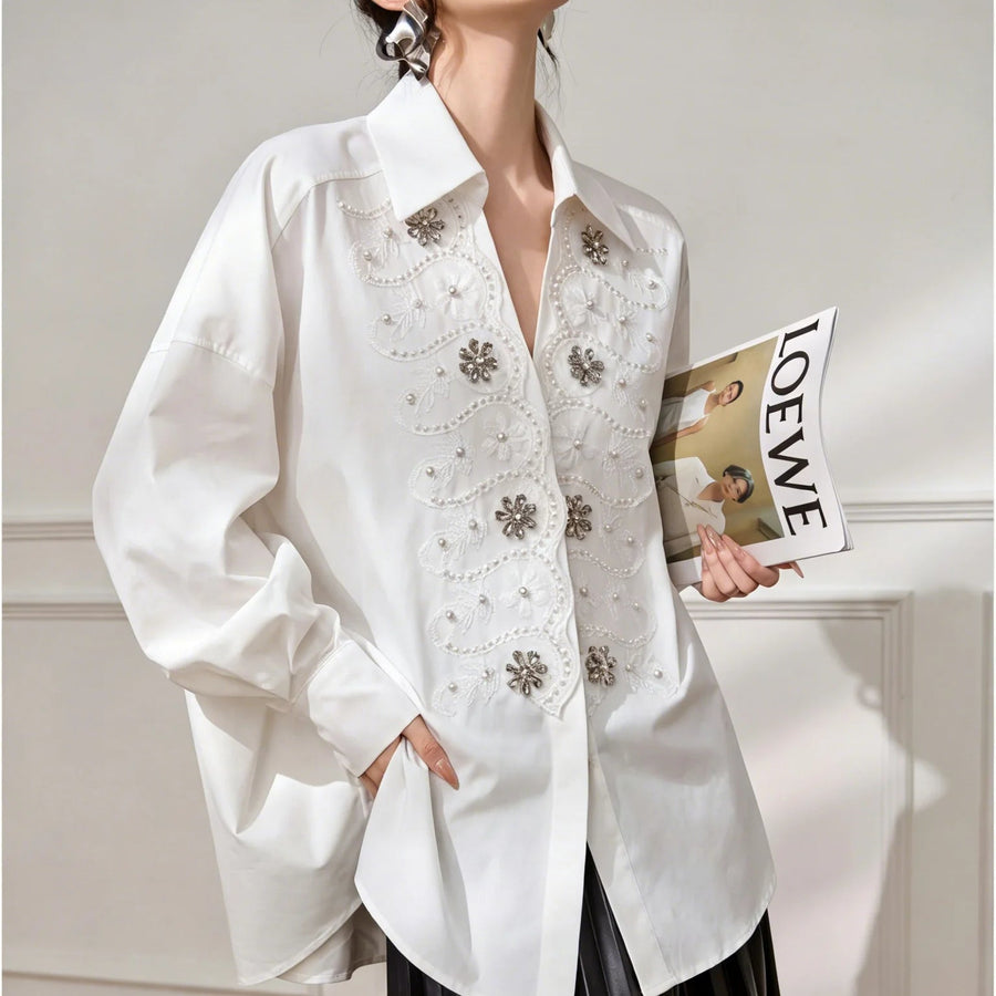 French Style Women White Shirt Heavy Beaded Embroidery Turn Down Collar Loose Casual Office Blouse Elegant Top