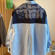 High quality striped print collar vintage long sleeve shirt