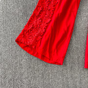 Women Lace Patchwork Pants Set Single Breasted Long Sleeved Shirt Elastic Waisted Trousers Suit Summer Female 2 pieces Sets