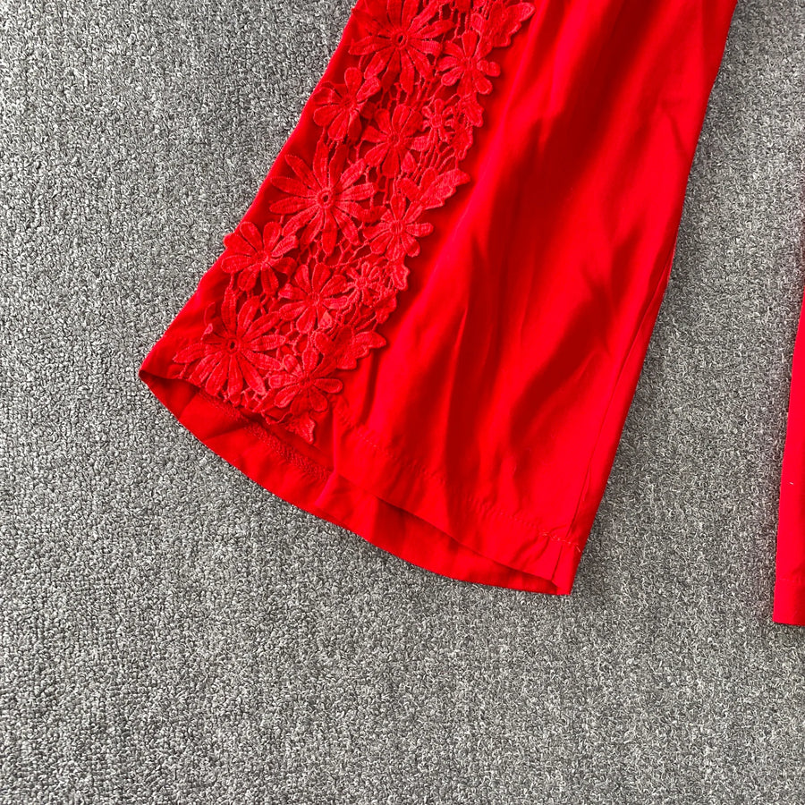 Women Lace Patchwork Pants Set Single Breasted Long Sleeved Shirt Elastic Waisted Trousers Suit Summer Female 2 pieces Sets