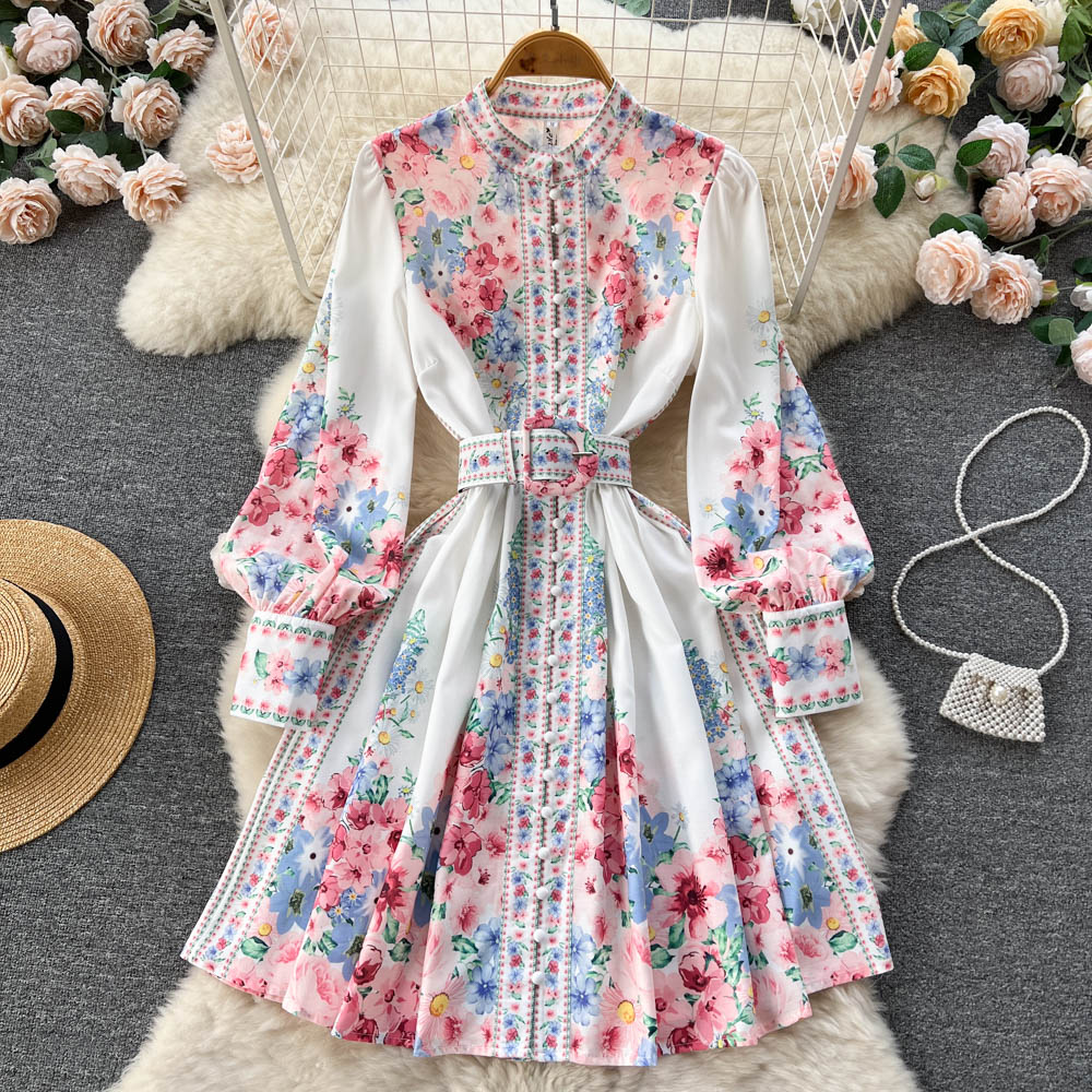 High Quality Belted High Neck Lantern Sleeves Long Floral Dress