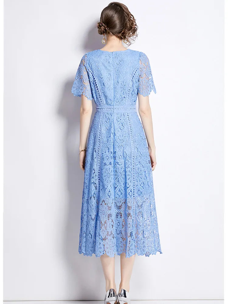 High quality openwork lace short sleeve round neck high-end vintage dress