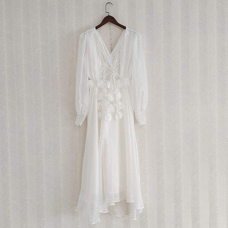 Women Spring Summer Dress Runway Fashion V-Neck 3D Appliques Backless Long Sleeve White Apricot Elegant Party Holiday