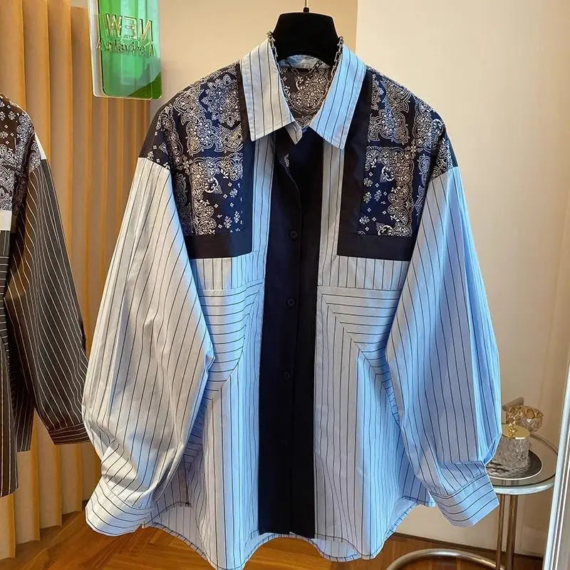 High quality striped print collar vintage long sleeve shirt
