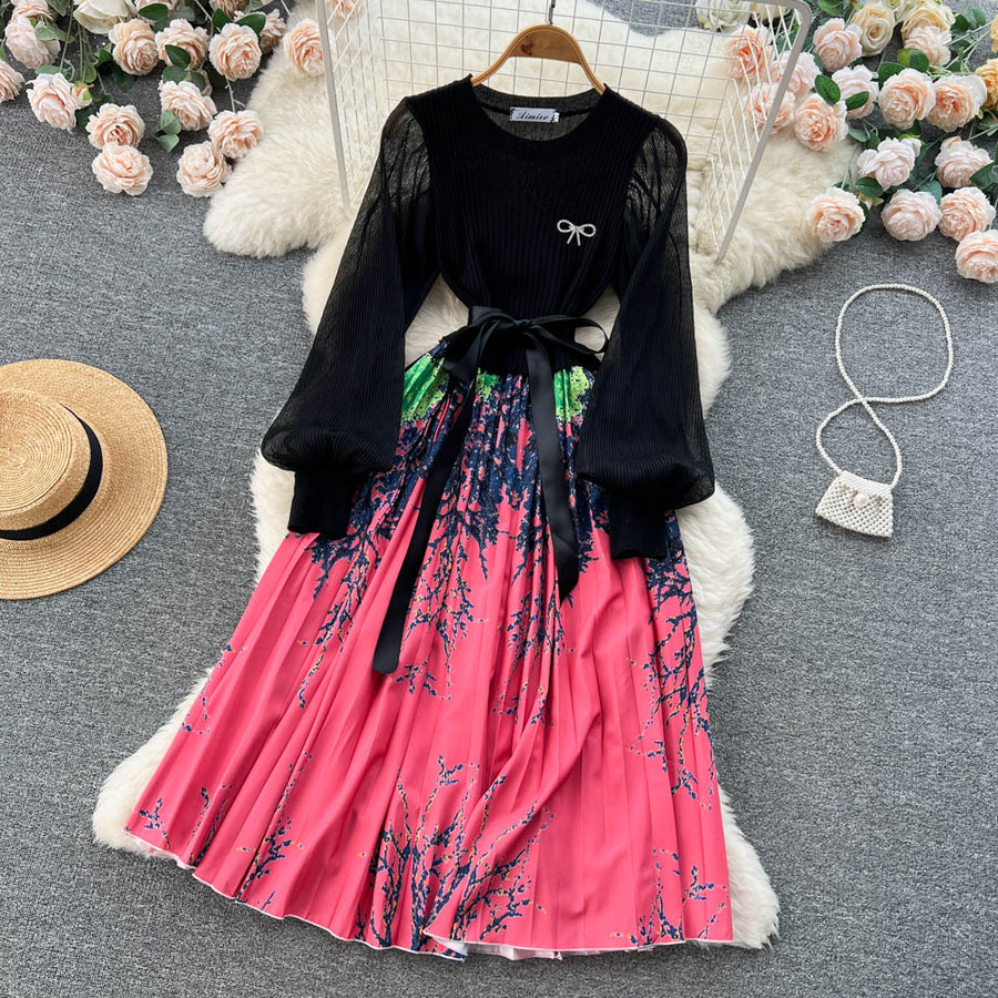 High Quality Flower Print Knitted Mesh Stitching Lantern Sleeve Pleated Dress