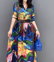 Multicolor three quarter sleeve midi dress with high quality belt