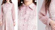 High Quality Mesh Patchwork Mid-Length Long Sleeve Embroidered Flower Dress