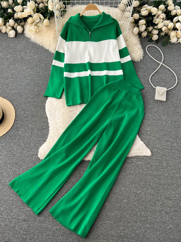 High Quality Striped Zipper Long Sleeve+Wide Leg Pant Two Piece Set