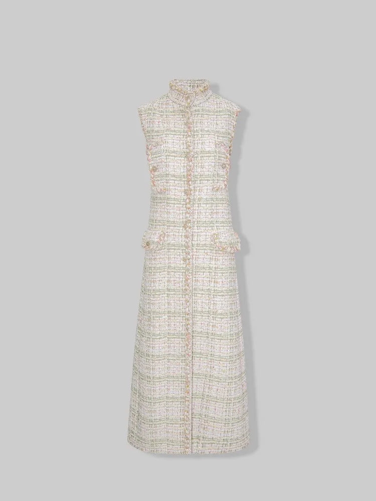 Autumn Winter Fashion Women Maxi Long Tweed Jacket Stand Collar Sleeveless Coat Wide Waisted Party Jacket Elegant Lady Designer