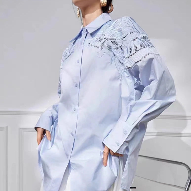 High quality mid-length flower openwork embroidery cotton shirt