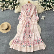 Elegant Lace Spliced Long Printed Dr Women's High Waist Lantern Sleeve Ball Gown Korean Sle Commute Fashion Spring Autumn Ladies
