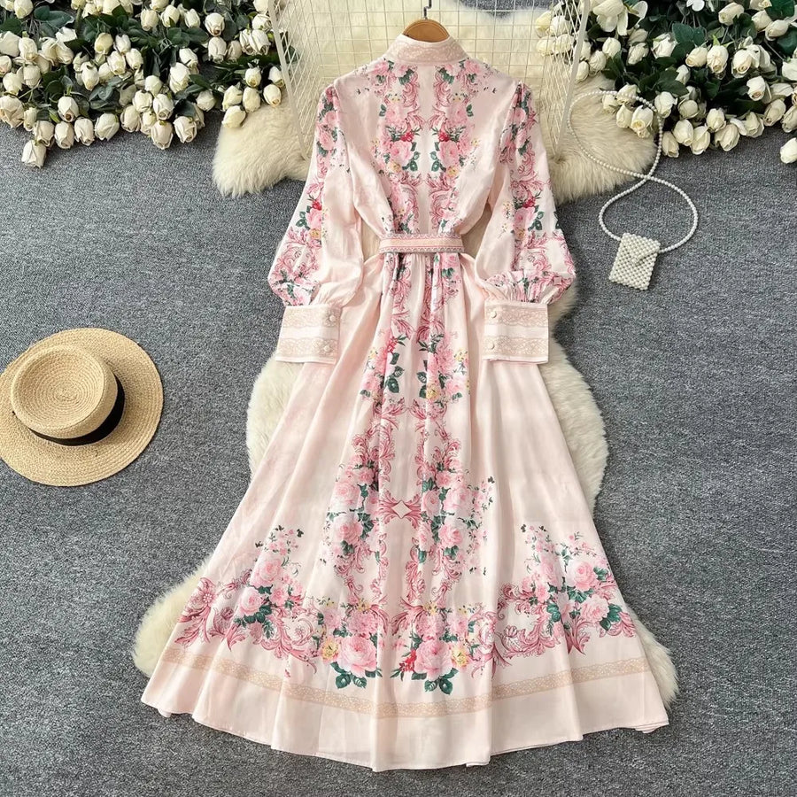 Elegant Lace Spliced Long Printed Dr Women's High Waist Lantern Sleeve Ball Gown Korean Sle Commute Fashion Spring Autumn Ladies