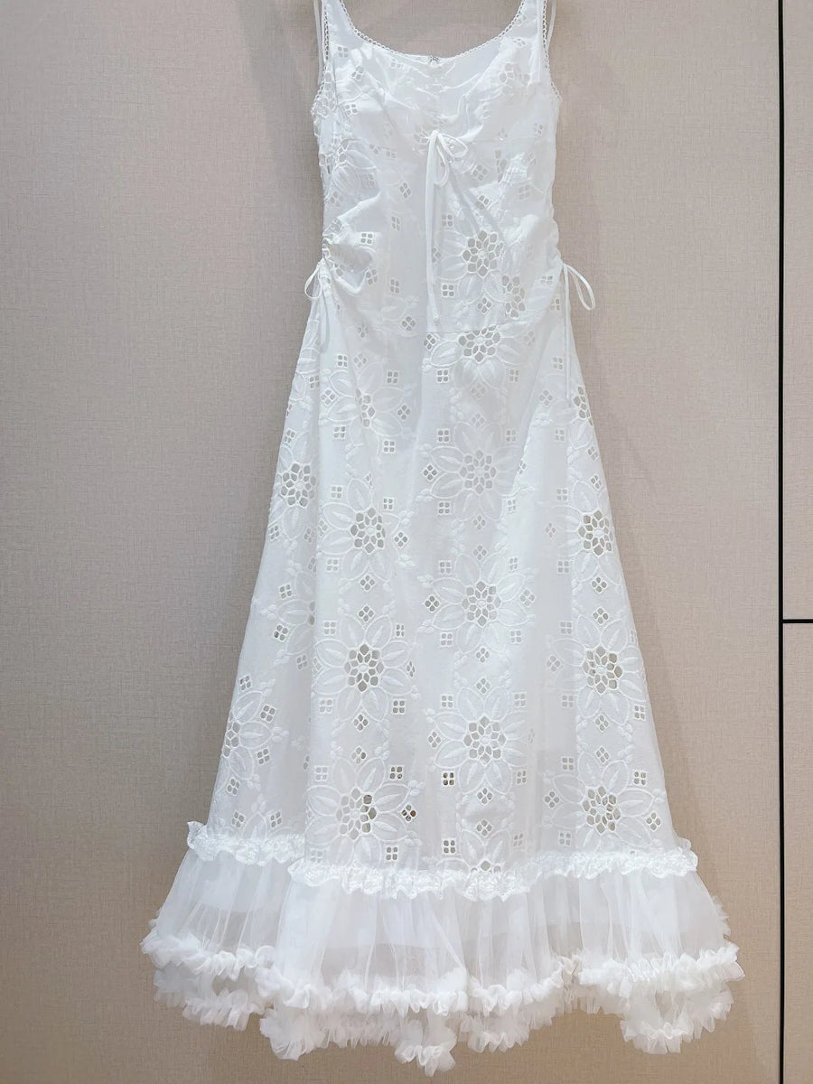 Elegant spaghetti strap openwork lace dress with high quality white lace