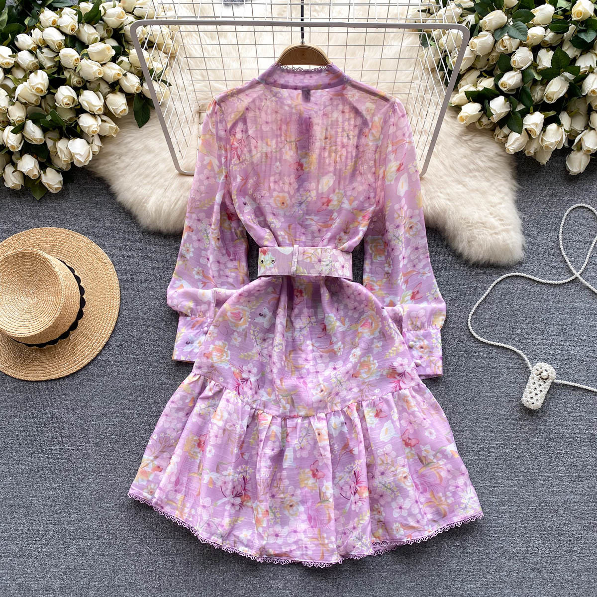 High Quality Belted Lantern Sleeve High Neck Floral Dress