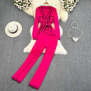 Women's Two-Piece Set Long-Sleeved Lace-up Waist V-Neck Mid-Length Knitted Cardigan Coat + Wide-Leg Pants