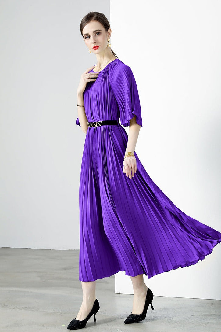 High Quality Printed Round Neck Lace Up Belt Maxi Pleated Long Dress Bright yellow / One Size High Quality Printed Round Neck Lace Up Belt Maxi Pleated Long Dress Bright yellow / One Size