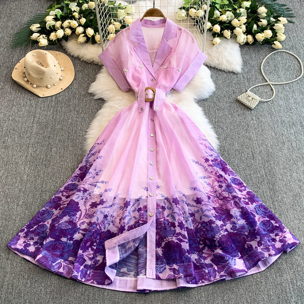 Summer Women Printed Long Dress Beach Vacation Notched Collar Single Breasted Short Sleeve A-Line Maxi Vestidos Female Robe