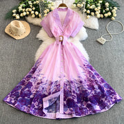 Summer Women Printed Long Dress Beach Vacation Notched Collar Single Breasted Short Sleeve A-Line Maxi Vestidos Female Robe
