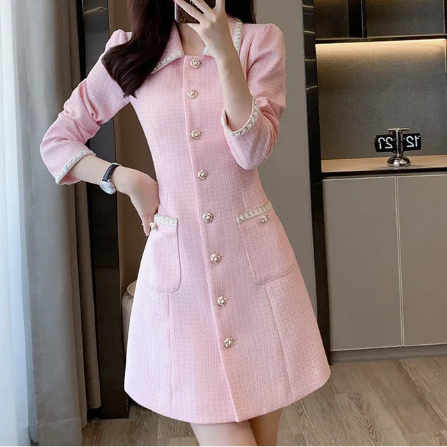 Women Long Sleeve Sweet Autumn New Fashionable Pink Fragrant Dress