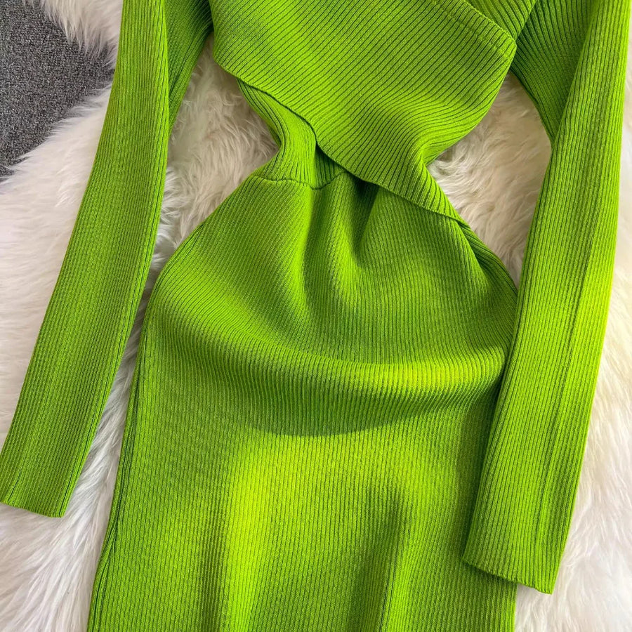 Women's Wrapped Hip Bodycon Waist Show Thin Long Sleeve V-Neck Bottom Dress