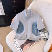 2024 Summer New Stitched Zipper T-shirt top Female Set Elegant Women's Jeans Casual Blouse Two Piece Set Ladies Tracksuits big