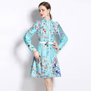High Quality Support Long Sleeve Flower Print Belted Knee Length Dresses