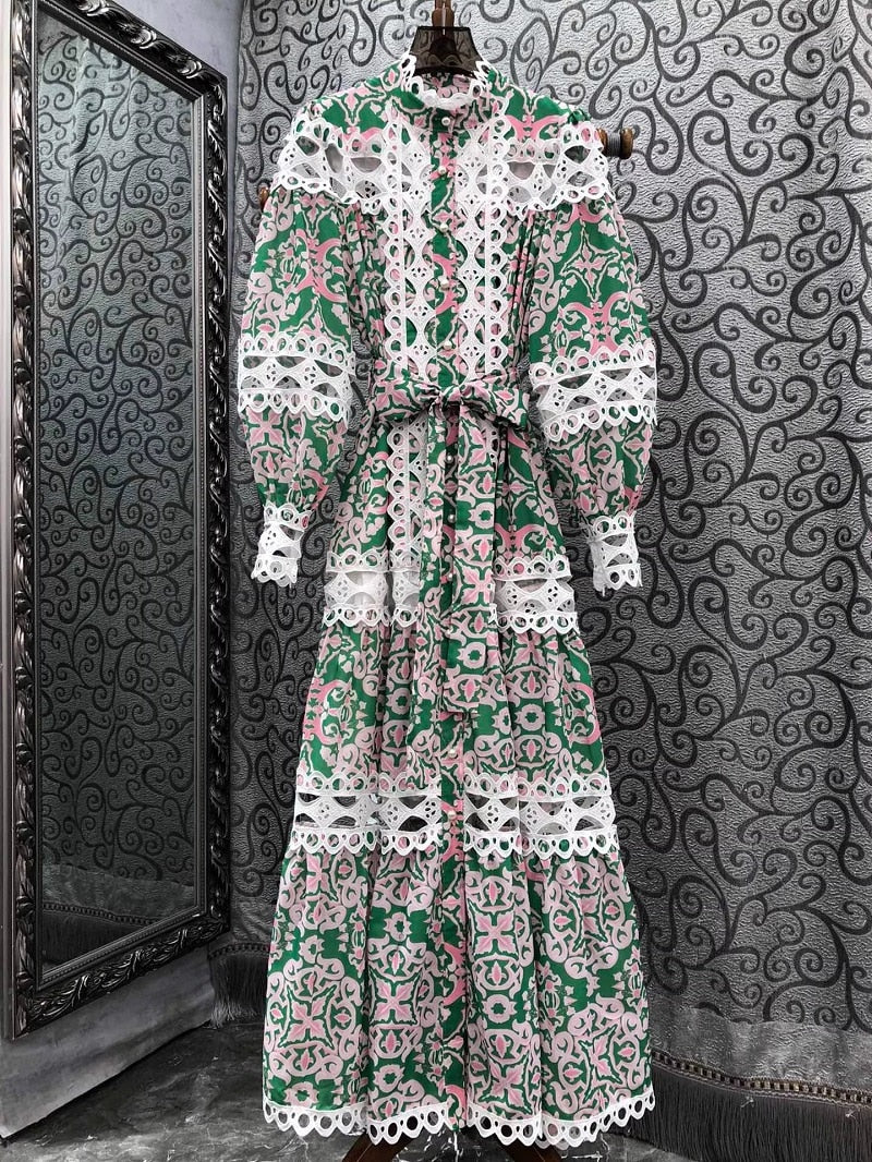 High Quality Purple Green Pink Long Sleeve Hollow Out Embroidery Vintage Print Maxi Dress