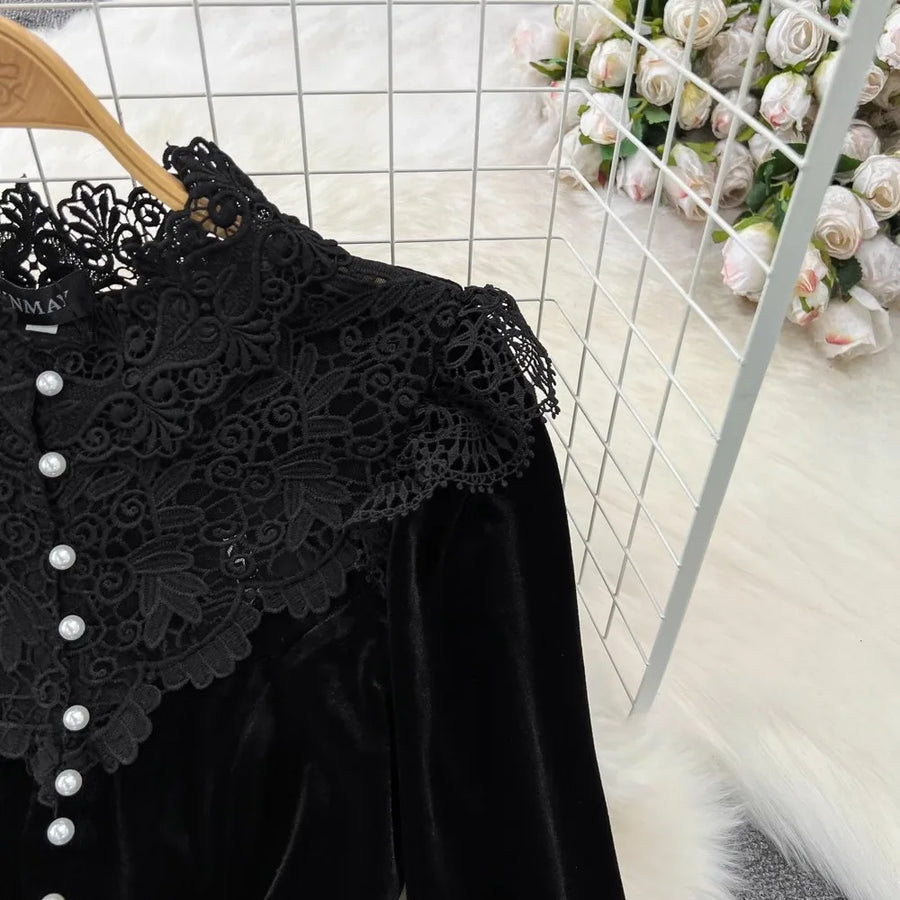 High Quality Bodycon Bodycon Pearl Buttons Flare Sleeve Lace Patchwork Velvet Dress