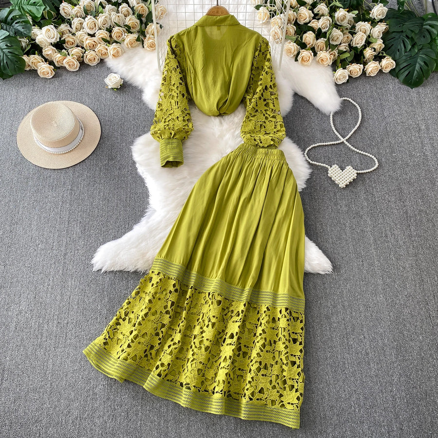 Skirt Sets Women Clothing Temperament Two Piece Set Patchwork Lace Blouses High Waist Hollow Out Long Skirts Suit Summer Outfits