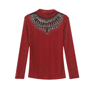 Elegant Stand Collar Diamond Mesh Long Sleeve T-shirt