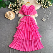 Women Long Dress Cake Dresses A Line Vestidos  Streetwear V Neck Short Sleeve Elegant Party Work Slim Fit Casual Summer