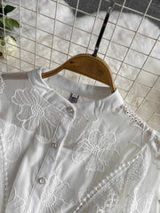 High Quality Stand Collar Flare Sleeve Mesh Vintage Elegant Embroidery Flower Dress