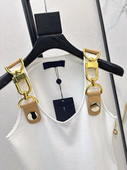 Square neck, sleeveless, patchwork top with high quality metal buckle