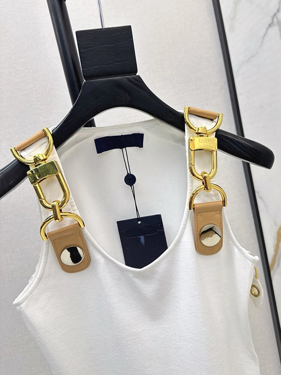 Square neck, sleeveless, patchwork top with high quality metal buckle