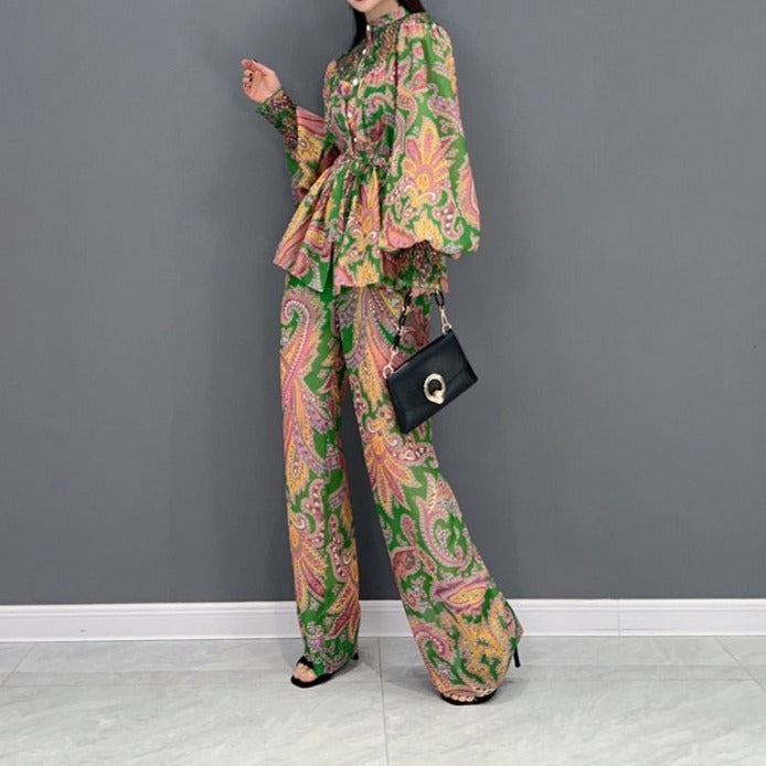 Two-piece set with elegant floral print long-sleeved top + high-quality long pants