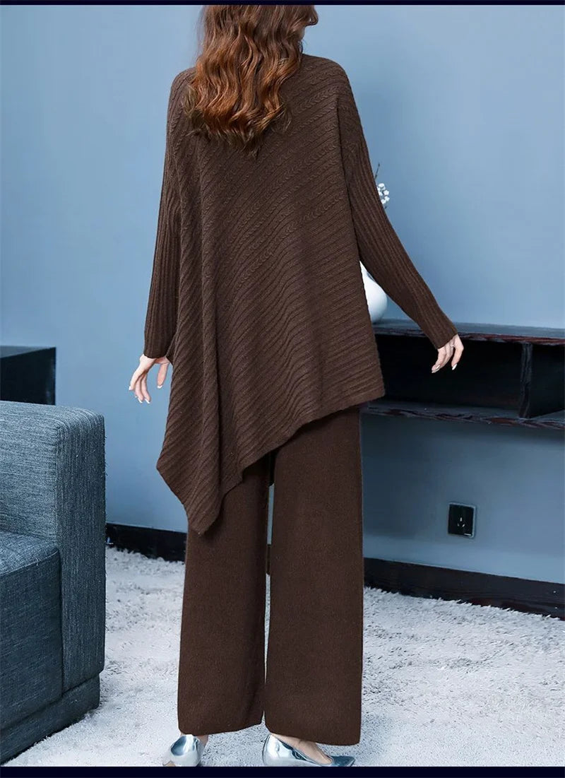 High Quality Turtleneck Knitted Wide Leg Irregular 2 Piece Set