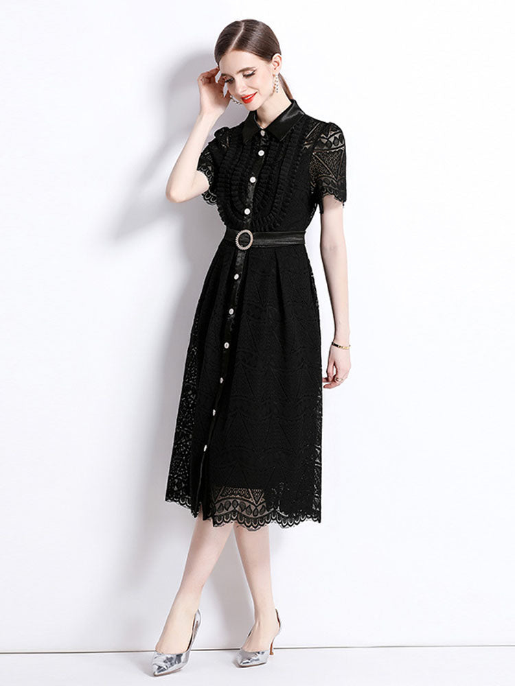 High Quality Elegant Short Sleeve Black Lace Midi Dress ETERNA High Quality Elegant Short Sleeve Black Lace Midi Dress ETERNA