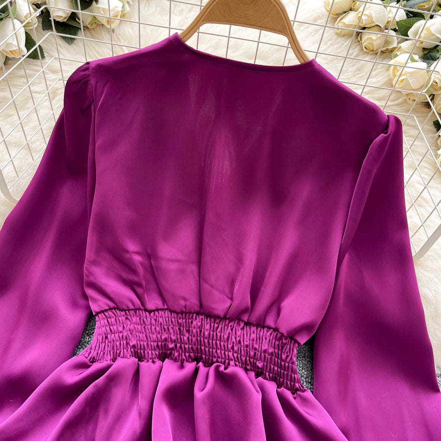 Basic long sleeve V-neck blouse, vintage asymmetrical style, beaded embroidered, high-quality pleated