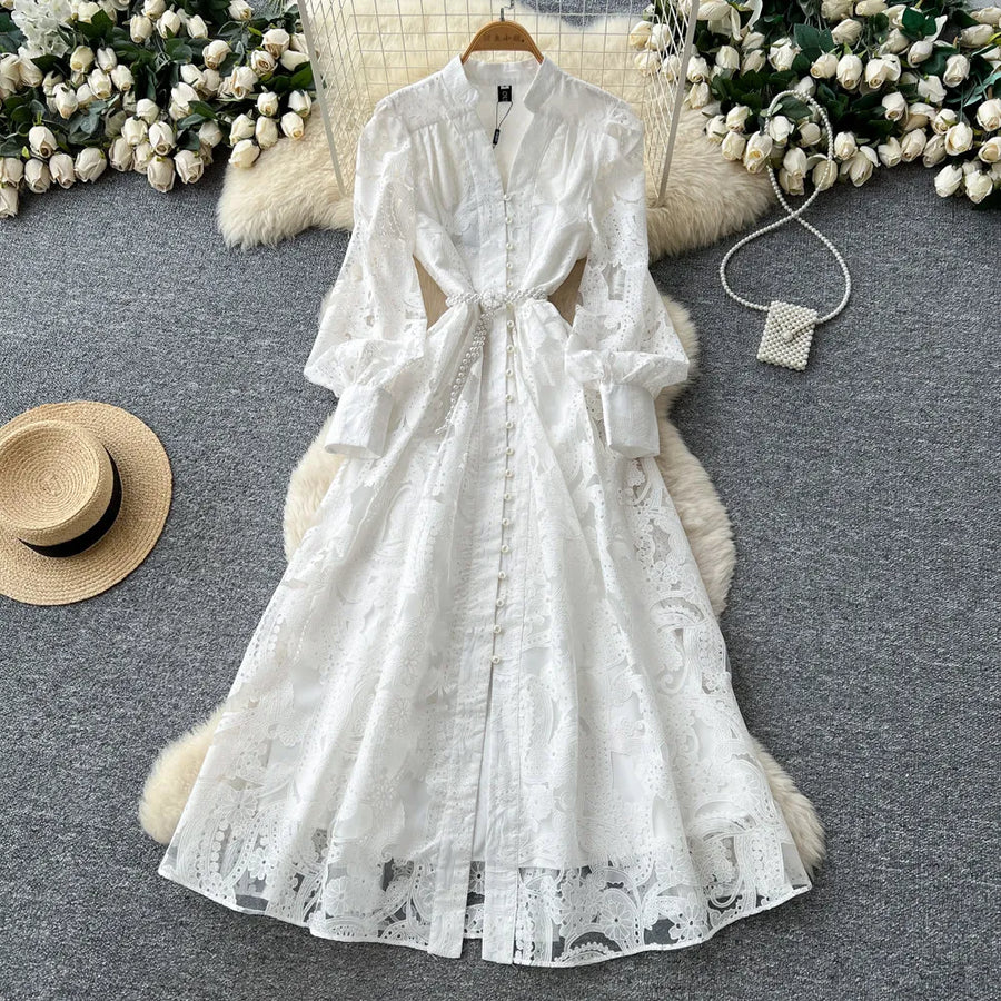 Luxury lightweight dress with mesh embroidery, hollowed-out, long sleeves, narrow waist, high-quality A-line