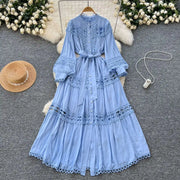 Elegant retro style slit maxi dress with pearl buttons and high-quality crochet embroidery