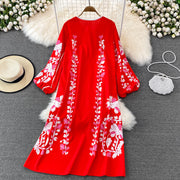 High quality multi color long sleeve printed embroidered dress