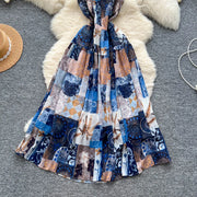 Women's long floral dress with thin straps, sleeveless, elastic, ruched with high-quality print