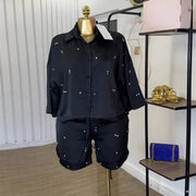 Beading Women's Set Long Sleeve Shirt and Shorts Suit  Summer OL Fashion Two 2 Piece Sets Outfit Tracksuit