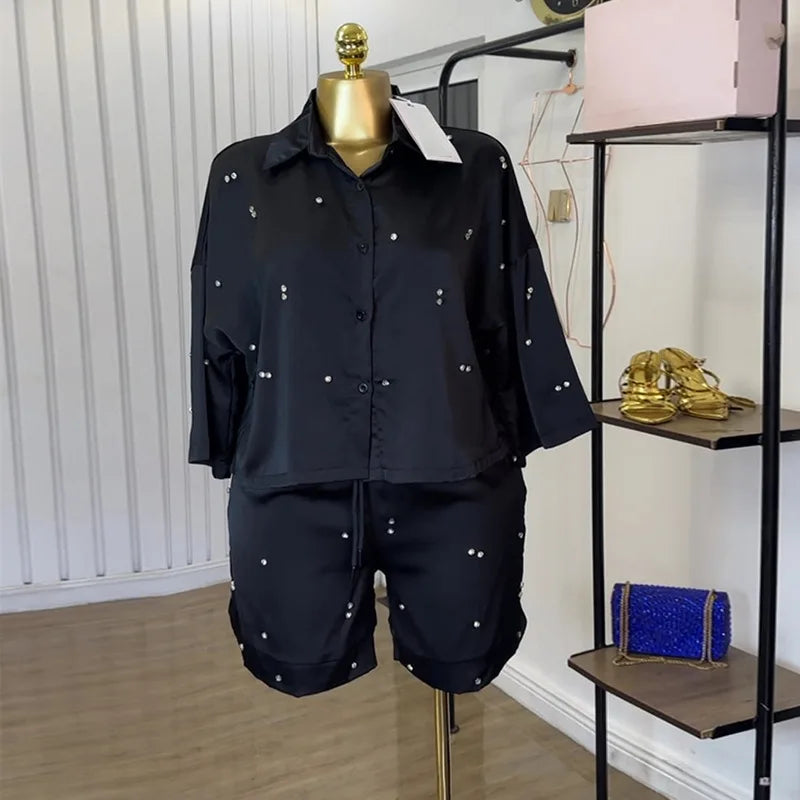 Beading Women's Set Long Sleeve Shirt and Shorts Suit  Summer OL Fashion Two 2 Piece Sets Outfit Tracksuit