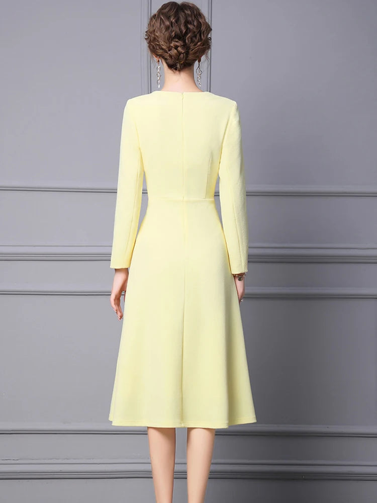 High Quality Long Sleeve Below Knee Length Designer Elegant Dress Yellow / XL High Quality Long Sleeve Below Knee Length Designer Elegant Dress Yellow / XL