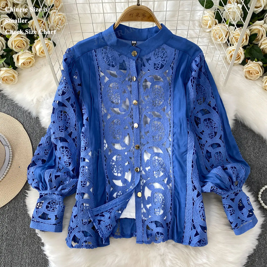 Summer Embroidery Maxi Dress Two Piece Set Women Blue Hollow Lace Long Sleeve Blouse Shirts 3pcs Sets Elastic Waist Skirts Suits