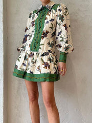High Quality Single Breasted Long Flare Sleeve Loose Flower Print Pleated Mini Dress