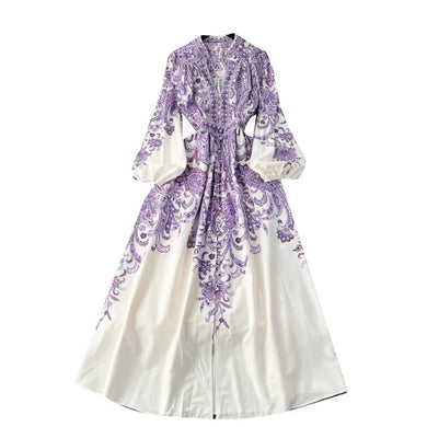 Elegant floral print dress with bubble sleeves wrapped waist high quality
