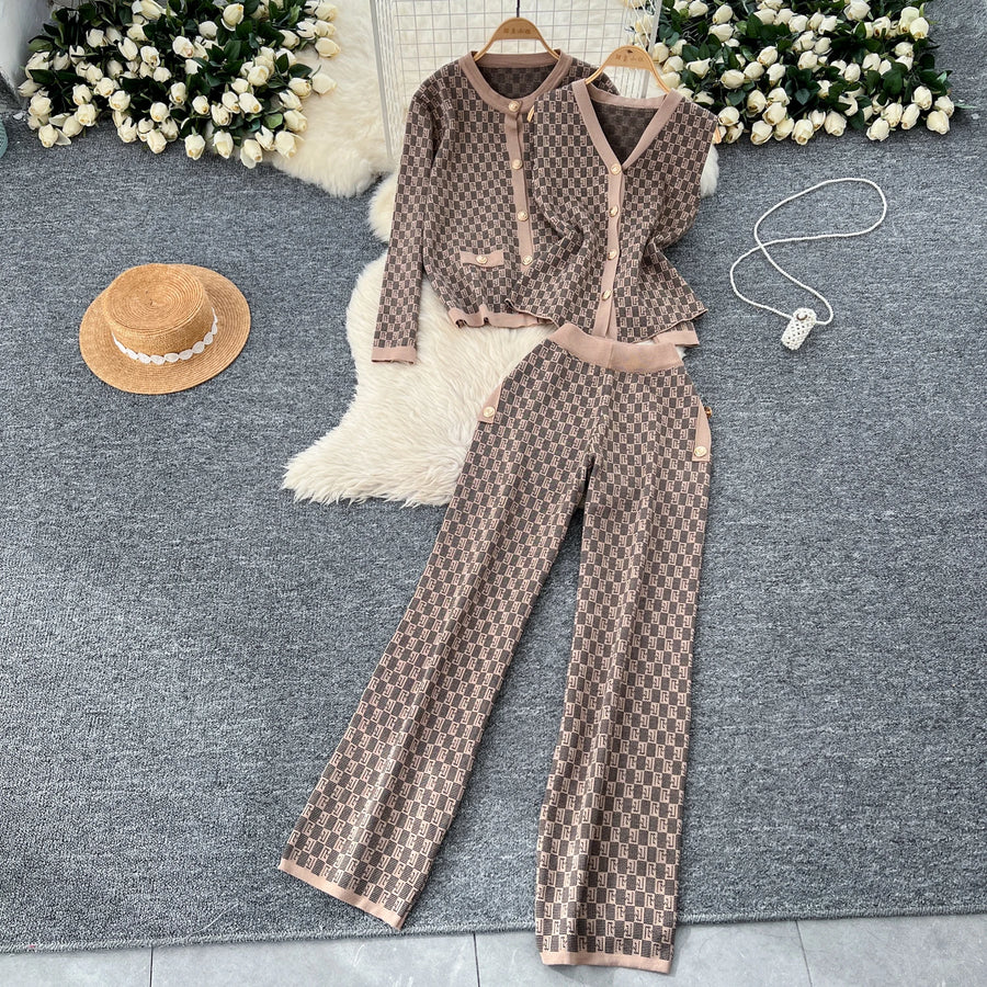 Three-piece sets knitted cardigans + high quality elastic long pants.